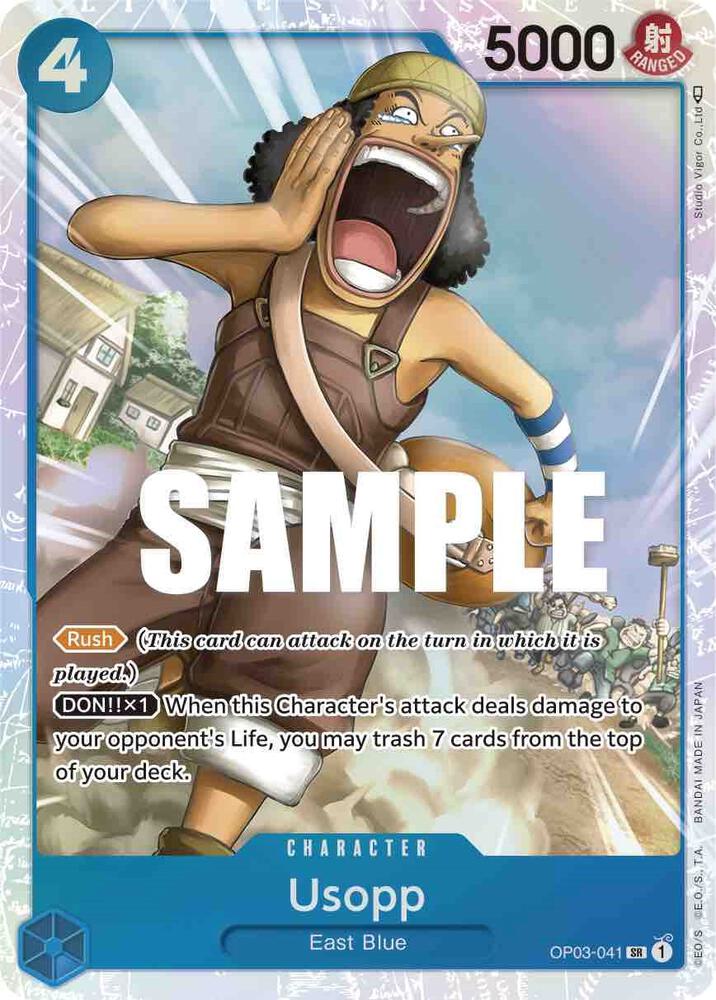 The Bandai Usopp [Pillars of Strength] Super Rare character card portrays Usopp shouting with his hands on his cheeks, wearing a helmet and goggles. With 5000 power and a 