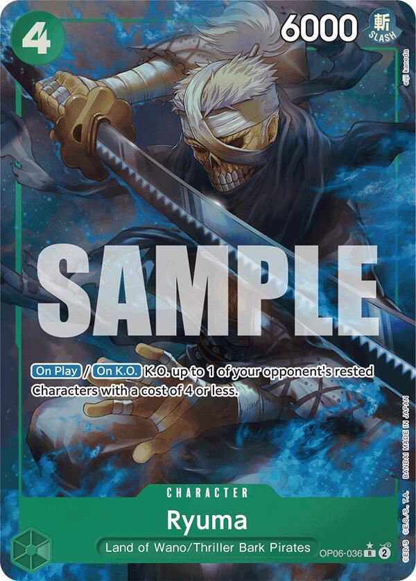 A rare Ryuma (Full Art) [Premium Booster -The Best-] card by Bandai features the samurai from Wano/Thriller Bark Pirates, wielding a sword with a grin. It costs 4, has 6000 power, and shows abilities in blue and yellow text, overlaid with "SAMPLE.