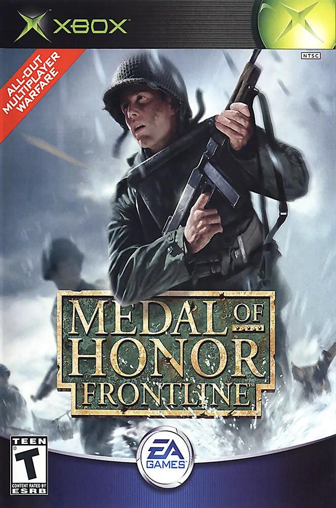 Cover image of the first-person shooter, "Medal Of Honor Frontline" for Xbox. Showcasing a soldier in a World War II setting, with helmet on and rifle ready. The title is prominently displayed in the center, accompanied by the Everything Games brand logo and a "Teen" rating underneath. A red banner highlights "All-Out Multiplayer Warfare.