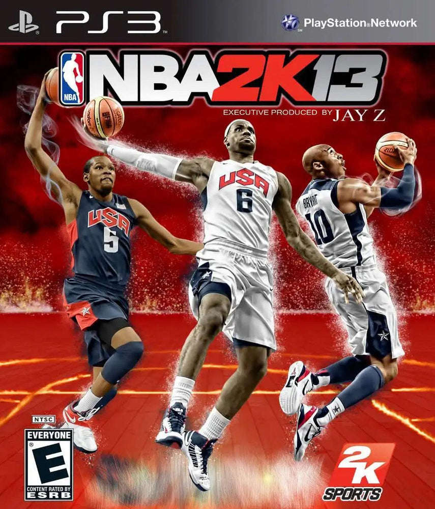 The cover of Everything Games' NBA 2K13 for PS3 features three dynamic players: a star in a white USA jersey (#6) leaping with the ball, flanked by one in black (#5) dribbling on the left and another (#9) ready to shoot on the right, encapsulating an immersive basketball experience.