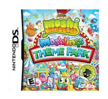 The cover of "Moshi Monster Moslings Theme Park" for Nintendo DS by Everything Games features colorful cartoon characters and vibrant amusement park rides like a ferris wheel, roller coaster, and playful Moshlings. It's rated "E" for everyone to enjoy!.