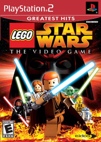 Cover of Lego Star Wars The Video Game (PS2) by Everything Games. This action-adventure game showcases Lego characters wielding lightsabers, highlighting a Jedi prominently holding a blue one at the front. Darth Maul's face looms menacingly in the background. Logos for PlayStation 2, Greatest Hits, and Star Wars are visible. Rated E for Everyone.