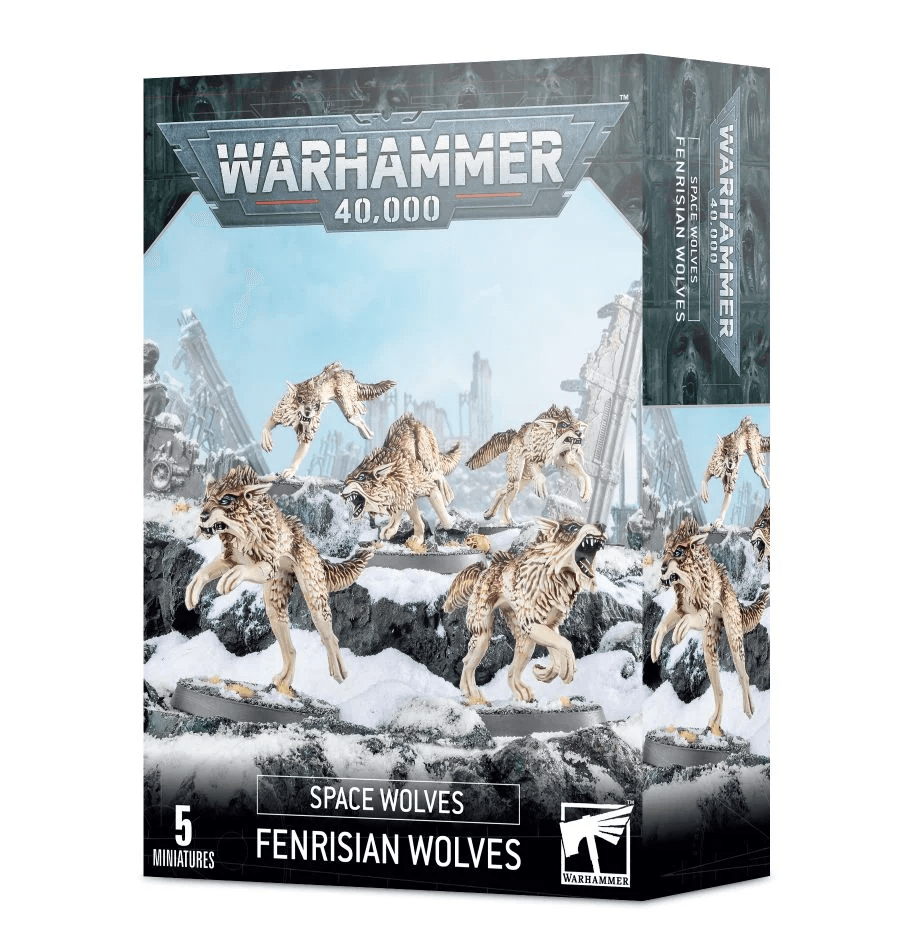 Box of Warhammer 40,000 miniatures titled "Space Wolves: Fenrisian Wolves" by Games Workshop. The packaging showcases artwork of five battle-brothers and wolves set in a snowy landscape strewn with battle debris. A blue sky and rugged terrain provide the backdrop, while logos and branding are positioned at the top and bottom.