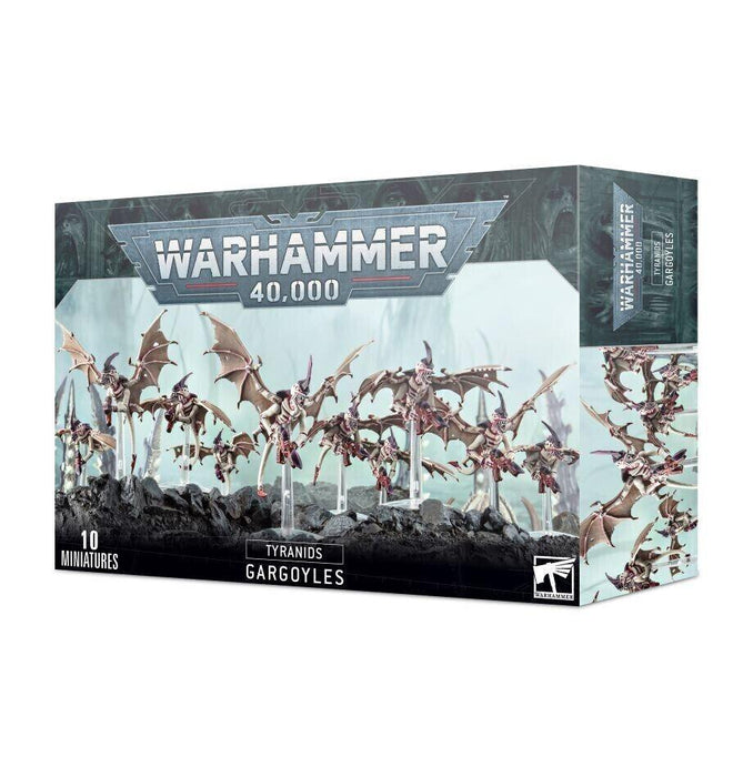 The image shows a box of TYRANIDS: GARGOYLES miniatures. The box features artwork of multi-part plastic Tyranid Gargoyles, flying alien creatures with bat-like wings and dark, exoskeletal bodies. The packaging includes text reading "Warhammer 40,000," "Tyranids," and "Gargoyles," indicating it contains 10 miniatures from Games Workshop.