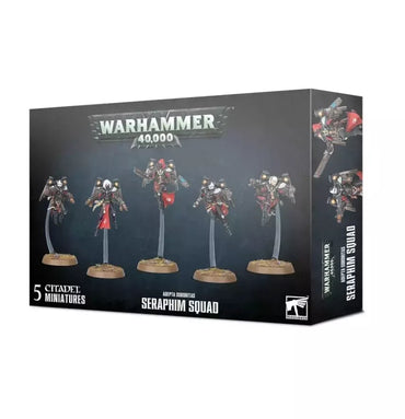 The image depicts a boxed set of Games Workshop Citadel Miniatures, specifically the ADEPTA SORORITAS: SERAPHIM SQUAD. The box artwork showcases five intricately detailed Seraphim warriors equipped with San Leor jump packs in various action poses, with the product name and miniature count indicated on the bottom left.