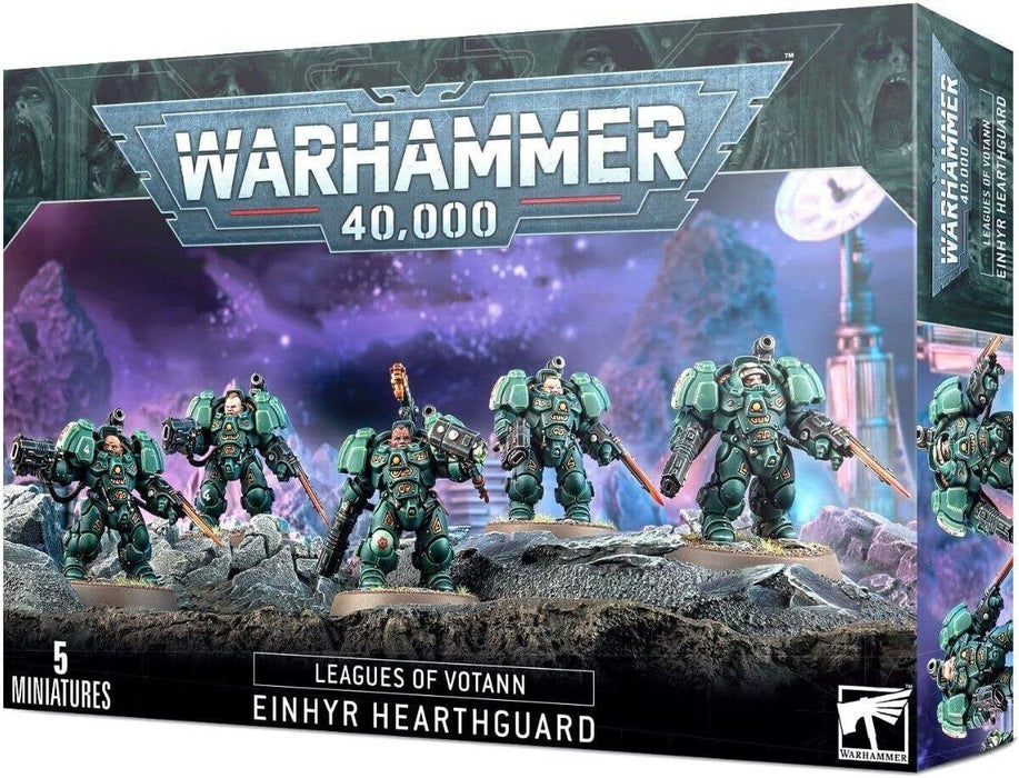 A Games Workshop box set titled "LEAGUES OF VOTANN: EINHYR HEARTHGUARD" containing five miniature figures. The box features an image of the miniatures in exo-armor suits equipped with weaponry, set against a sci-fi background. The Warhammer logo is prominently displayed at the top.