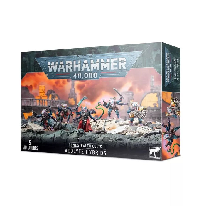 The image shows the box of "GENESTEALER CULTS: ACOLYTE HYBRIDS" by Games Workshop. The front of the box displays detailed models of five Acolyte Hybrids equipped with close combat weapons in a rocky, industrial battlefield setting, with ruins and smoke in the background. The box indicates it contains "5 Miniatures".