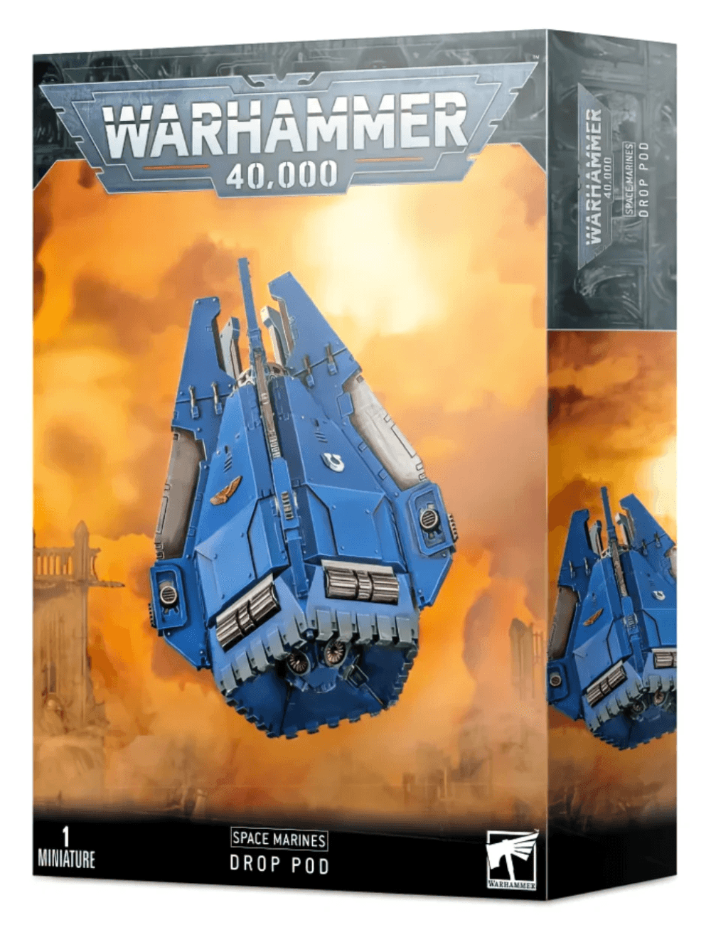 Box art for a Games Workshop SPACE MARINES: DROP POD model kit featuring a Space Marines Drop Pod equipped with a Deathwind launcher. The illustration shows a blue futuristic drop pod descending in a fiery, smoke-filled sky. The text indicates 