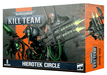 Box art of "KILL TEAM: NECRON HIEROTEK CIRCLE" model kit by Games Workshop. The front shows a sci-fi battle scene featuring armored figures wielding futuristic weapons. A Cryptek Technomancer with glowing, green particle effects and mechanical elements stands prominently in the center. Text indicates "8 Necron models.