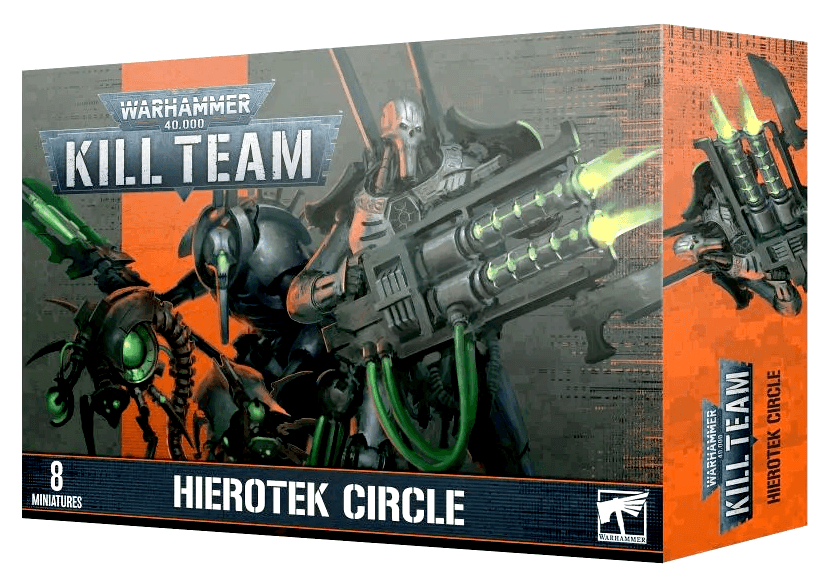 Box art of "KILL TEAM: NECRON HIEROTEK CIRCLE" model kit by Games Workshop. The front shows a sci-fi battle scene featuring armored figures wielding futuristic weapons. A Cryptek Technomancer with glowing, green particle effects and mechanical elements stands prominently in the center. Text indicates "8 Necron models.