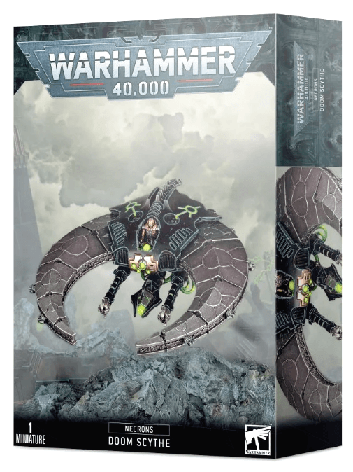 The image shows the retail box for a Games Workshop NECRONS: DOOM SCYTHE model. The box art features a menacing Necron war machine with sinister green and metallic details hovering over a rocky, desolate landscape. This plastic kit allows you to unleash devastating Necron invasions on the battlefield.