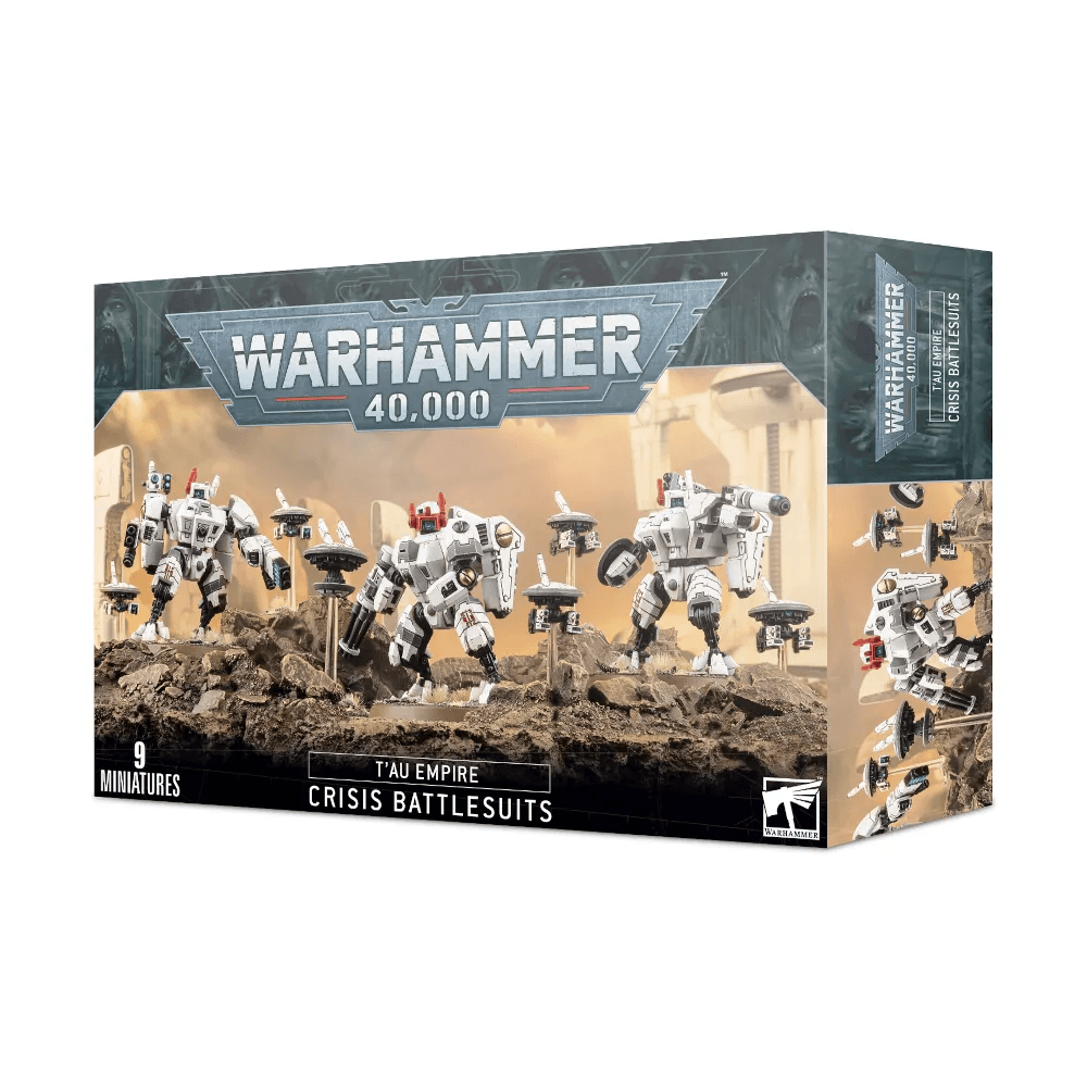 Games Workshop T'AU EMPIRE: CRISIS BATTLESUITS box displaying models of T'au Empire Crisis Battlesuits. The packaging shows an image of multiple white robotic suits, known as XV8 Crisis Battlesuits, armed with various weapons and standing on a rocky battlefield. The text indicates the box contains nine miniatures. Brand and T'au Empire logos are visible.