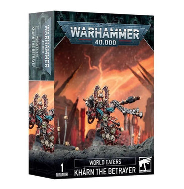 Box of Games Workshop's Warhammer 40,000 featuring "WORLD EATERS: KHARN THE BETRAYER" of the World Eaters Legion. The box art displays a detailed miniature of this heavily armored, menacing figure wielding a chain axe and a plasma pistol, set against a fiery, apocalyptic backdrop. The package highlights it's under the Blood God faction.