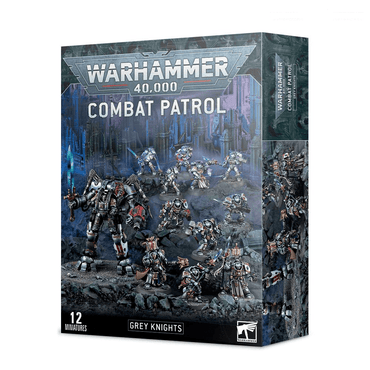 The "COMBAT PATROL: GREY KNIGHTS" by Games Workshop includes 12 detailed miniatures with armored figures and a powerful mech, set on a futuristic rocky battlefield. These daemonhunters feature dynamic combat action in varied poses and weapons.