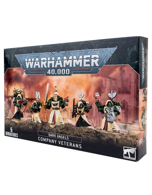 Box of DARK ANGELS: COMPANY VETERANS multi-part plastic miniatures by Games Workshop. The box features an image of five intricately detailed figurines in green and beige armor, holding various weapons. The bold "Warhammer 40,000" logo is at the top, with "DARK ANGELS: COMPANY VETERANS" written below.
