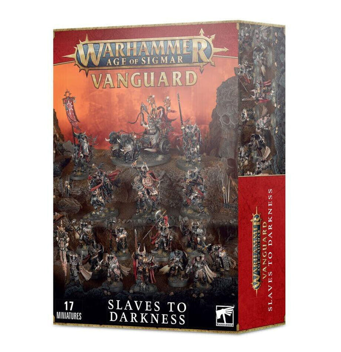 The image shows the boxed set for "VANGUARD: SLAVES TO DARKNESS" by Games Workshop. The box art depicts 17 dark-themed Chaos Warriors in a chaotic battle scene with fiery and ominous tones. The title text is prominently displayed at the top, and details about the miniatures are at the bottom.