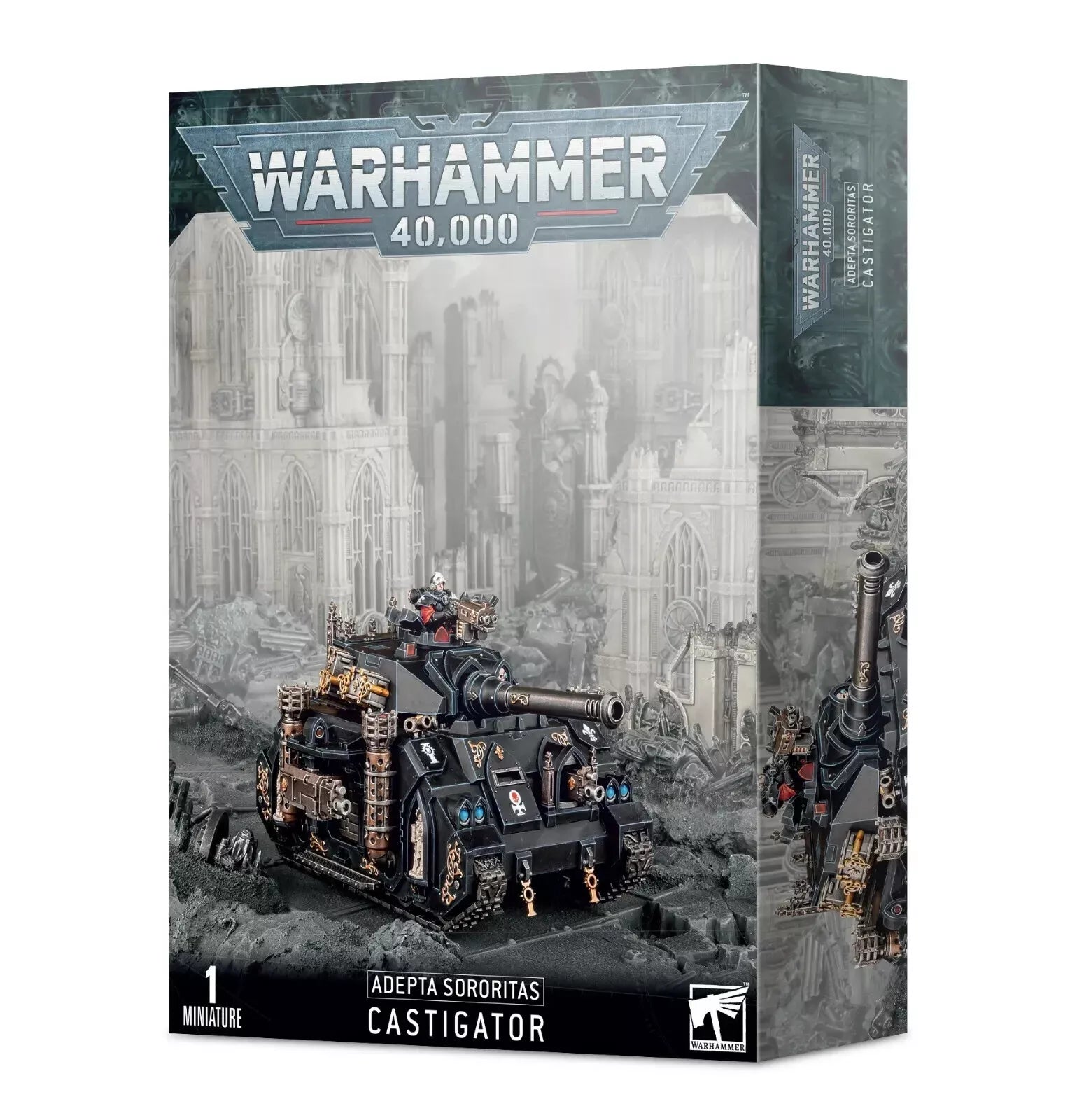 Box for a Warhammer 40,000 ADEPTA SORORITAS: CASTIGATOR tank miniature by Games Workshop. The front of the box showcases an image of the fully assembled and painted tank model set against a backdrop of a war-torn, gothic cityscape. At the top, the Warhammer 40,000 logo is prominently displayed, with the product name 