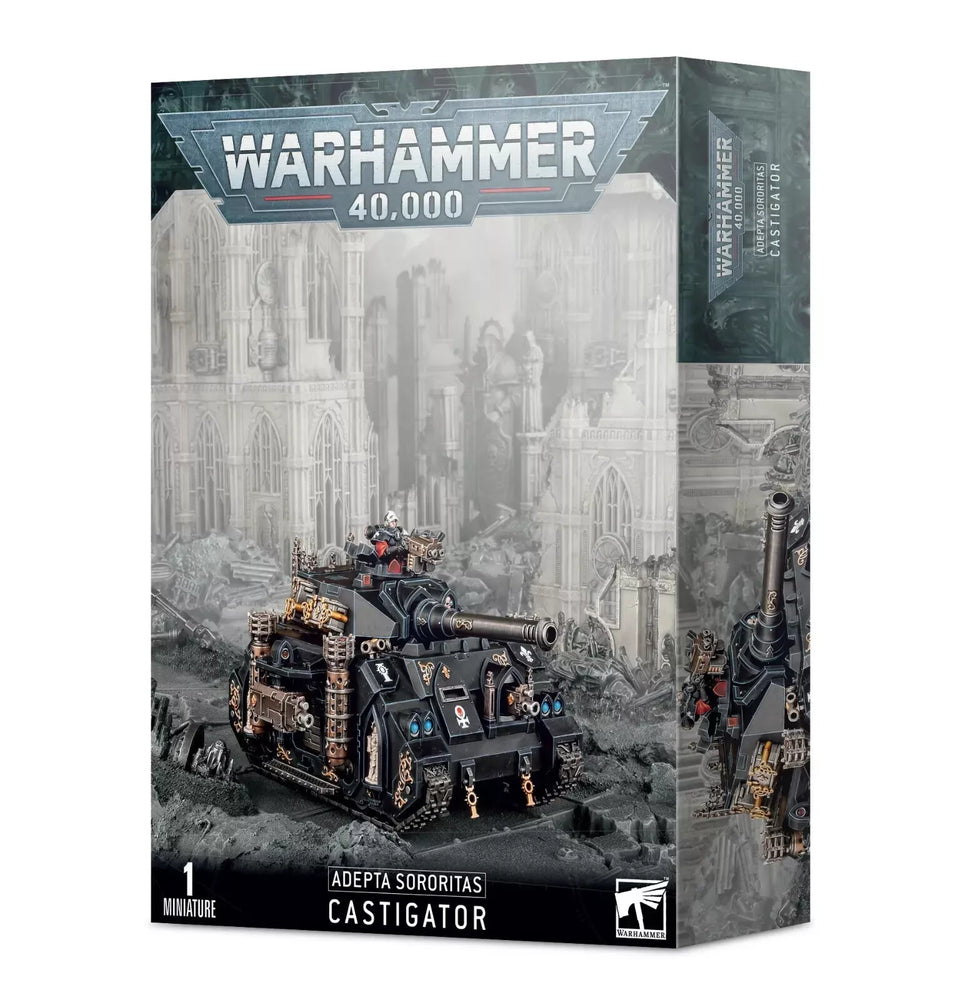 Box for a Warhammer 40,000 ADEPTA SORORITAS: CASTIGATOR tank miniature by Games Workshop. The front of the box showcases an image of the fully assembled and painted tank model set against a backdrop of a war-torn, gothic cityscape. At the top, the Warhammer 40,000 logo is prominently displayed, with the product name "ADEPTA SORORITAS: CASTIGATOR" at the bottom.