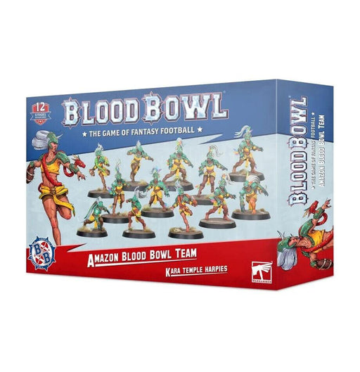 The image displays a boxed set for the "BLOOD BOWL: AMAZON TEAM" by Games Workshop. The box features artwork of fantasy football player miniatures in dynamic poses, showcasing their agility. The packaging is predominantly blue and red, with text indicating the team name, "Kara Temple Harpies," and the slogan "The Game of Fantasy Football.