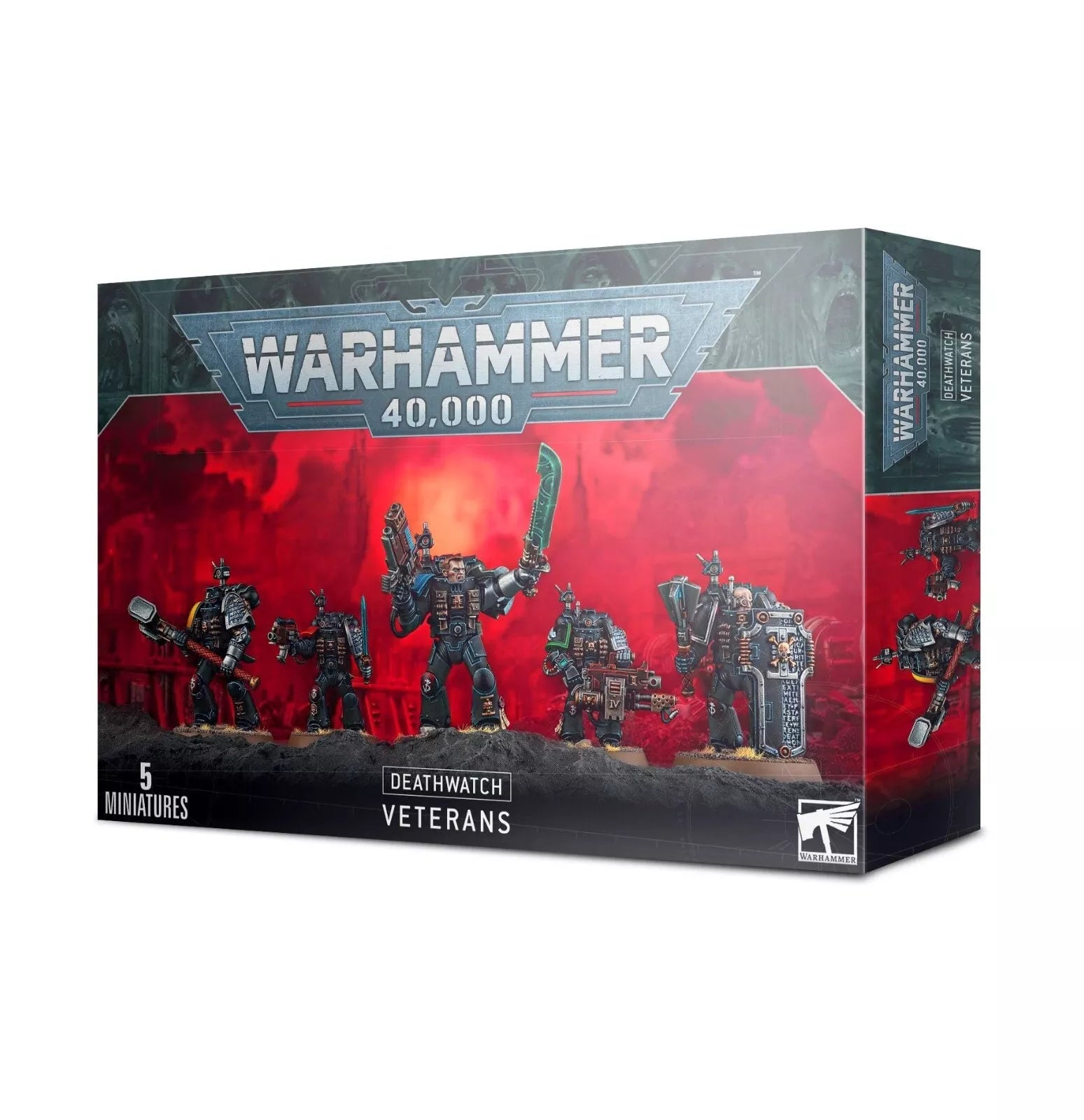 A box of DEATHWATCH: VETERANS miniatures by Games Workshop. The packaging features an image of five heavily armored and armed Deathwatch Space Marines posed against a dark, ominous background. The top of the box prominently displays the 