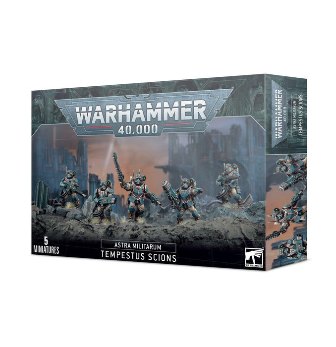 Box art of ASTRA MILITARUM: TEMPESTUS SCIONS by Games Workshop. The front displays five intricately detailed soldier miniatures wielding hot-shot lasguns in combat poses against a futuristic cityscape. The box highlights "5 Miniatures" and features Warhammer branding along with an image of the miniatures.