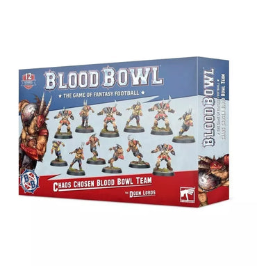 The image showcases a boxed set of BLOOD BOWL: CHAOS CHOSEN TEAM miniatures by Games Workshop. The multi-part plastic kit includes intricately painted miniatures in dynamic poses, and the packaging features art of a horned, armored beastman along with the iconic Blood Bowl logo.