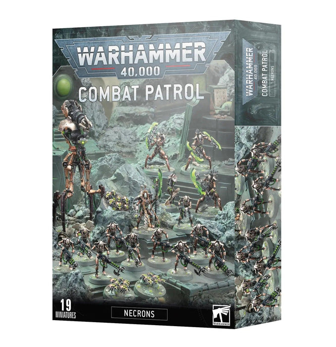 The image depicts a COMBAT PATROL: NECRONS box for the Necrons faction by Games Workshop. Showcasing captivating artwork of various Necron miniatures in battle amidst sci-fi terrain, the box is labeled "Warhammer 40,000" and "Combat Patrol," highlighting that it includes 19 meticulously crafted miniatures.
