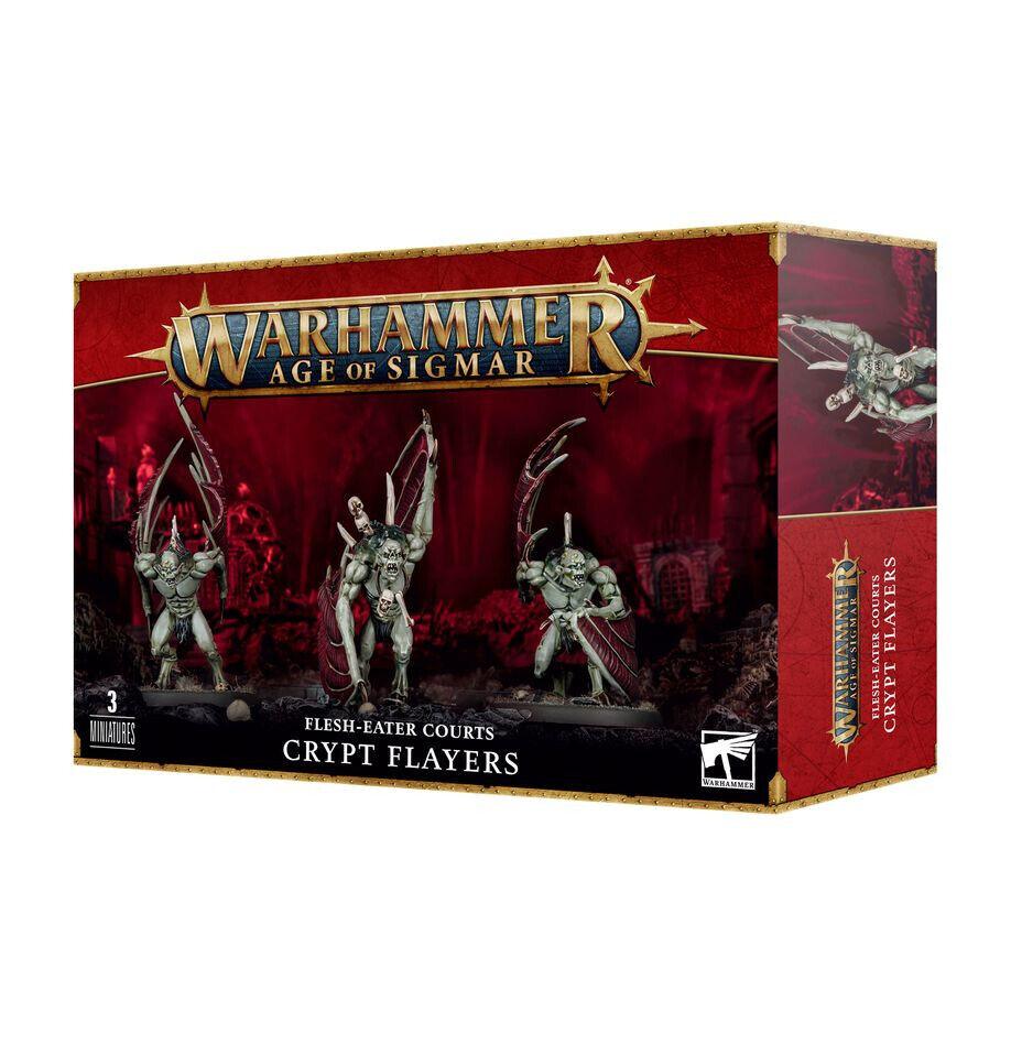 Box of Games Workshop FLESH-EATER COURTS: CRYPT FLAYERS multi-part plastic kit set against a dark red background. The front displays three painted miniatures with wings and claws. The box art features the logo and the text 