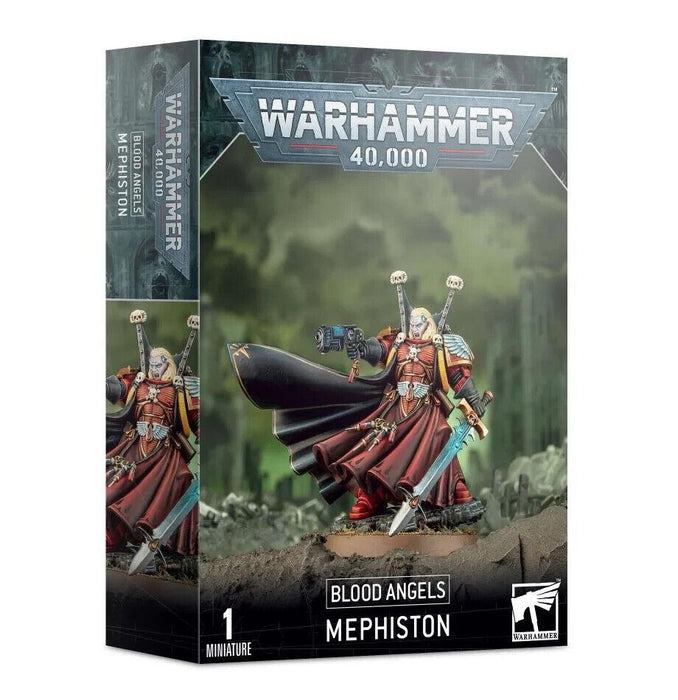 The image showcases a Games Workshop box set featuring BLOOD ANGELS: MEPHISTON. The packaging depicts a painted warrior in ornate red armor and a black cape, holding a sword and gun. He stands on rocky terrain with greenish light effects, under the Warhammer 40,000 logo.