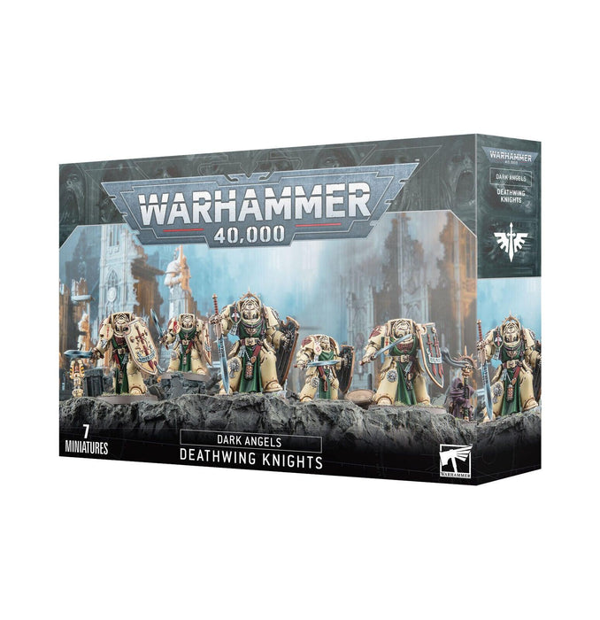 Box art for DARK ANGELS: DEATHWING KNIGHTS featuring Deathwing Knights of the Dark Angels Chapter. The front depicts seven detailed miniatures in ornate Terminator armor with maces and shields, standing on rocky terrain in a futuristic environment. The Games Workshop logo and product title are prominently displayed at the top.