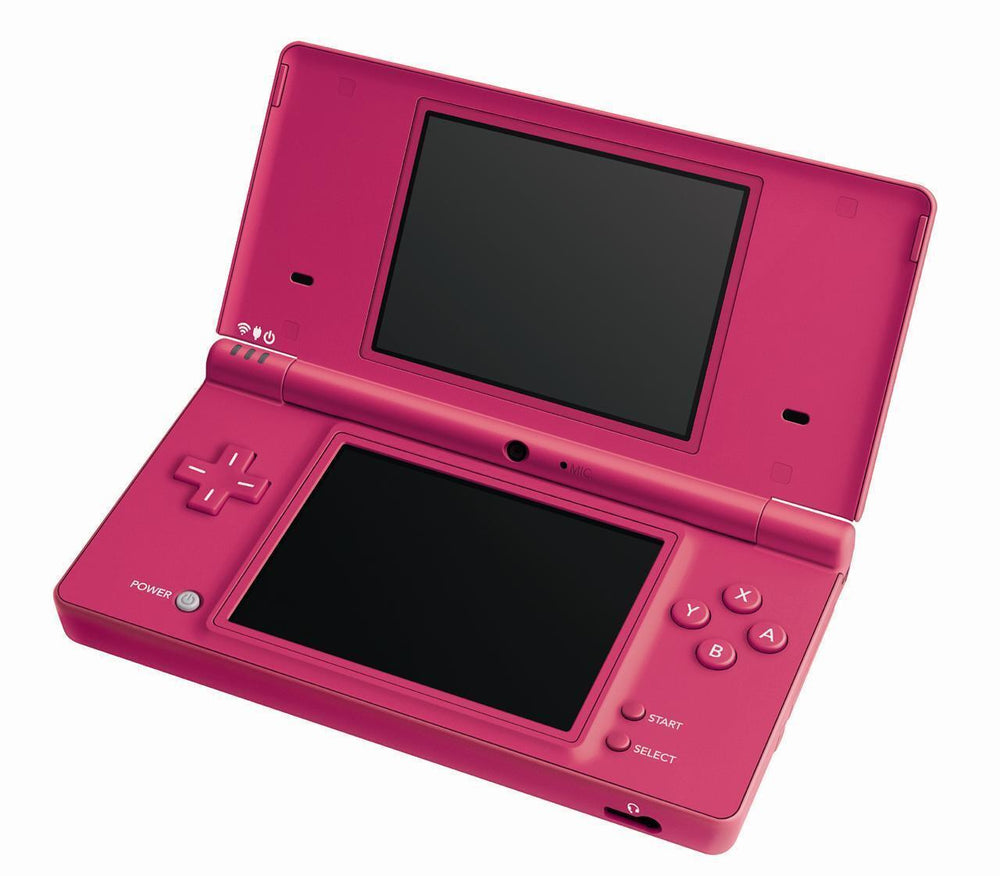 A sleek, glossy red handheld gaming console by Nintendo, the Nintendo DSi, is displayed in an open clamshell position. The blank upper screen pairs with a touchscreen below. Directional buttons, A/B/X/Y buttons, and power/select/start buttons adorn the lower half. Ideal for portable entertainment.