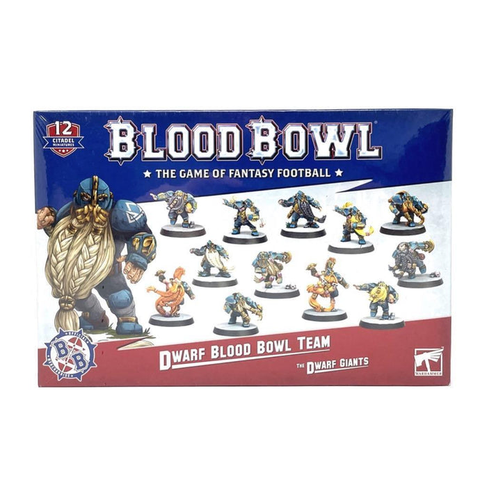 A box for a tabletop game called "Blood Bowl" features the BLOOD BOWL: DWARF TEAM by Games Workshop. The box is predominantly blue and white, showcasing plastic miniatures of dwarf figurines in armor in various poses. The top text reads "Blood Bowl: The Game of Fantasy Football," and the bottom text reads "Dwarf Blood Bowl Team, The Dwarf Giants.