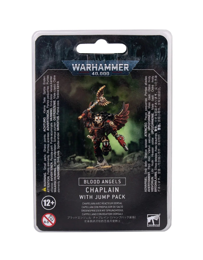 The packaging for the Games Workshop BLOOD ANGELS CHAPLAIN WITH JUMP PACK features a dynamic painted figure with an Inferno Pistol. The front displays the Warhammer 40,000 logo and product details, alongside warnings for ages 12+.