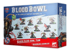Box for "BLOOD BOWL: SKAVEN TEAM" by Games Workshop, featuring a multi-part plastic kit with 12 assembled and painted ratmen miniatures in various poses and equipment. The blue box has red accents, dynamic art of the Skaven team on the sides, and "Blood Bowl" prominently at the top.