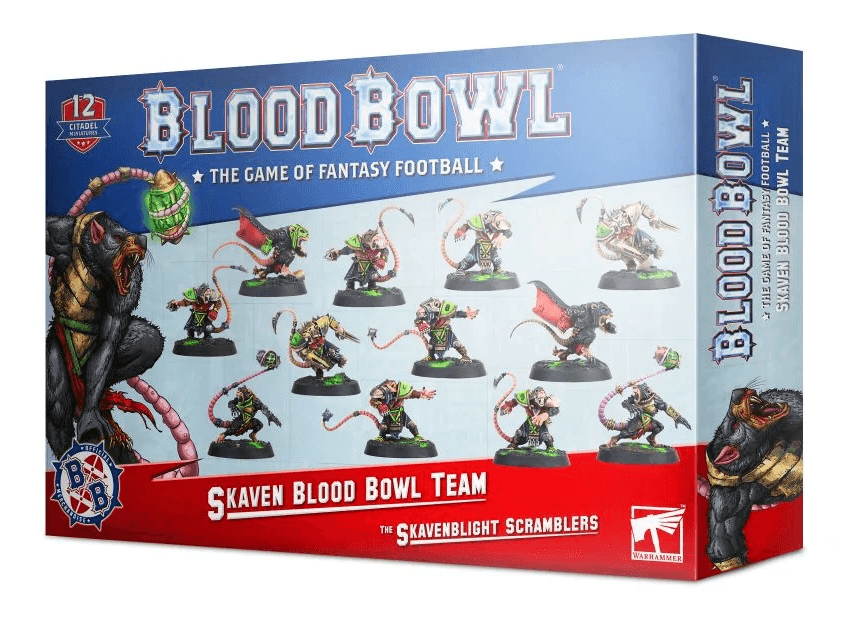 Box for "BLOOD BOWL: SKAVEN TEAM" by Games Workshop, featuring a multi-part plastic kit with 12 assembled and painted ratmen miniatures in various poses and equipment. The blue box has red accents, dynamic art of the Skaven team on the sides, and "Blood Bowl" prominently at the top.