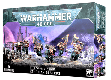 Box of "Warhammer 40,000" miniatures from Games Workshop, titled "LEAGUES OF VOTANN: CTHONIAN BERSERKS." The box features artwork depicting five augmented warriors wielding massive two-handed melee weapons, set against a futuristic landscape. The packaging includes logos and branding in shades of blue and purple.