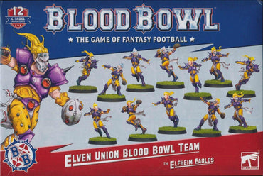 The box cover for "Blood Bowl: Elven Union Team" by Games Workshop displays 12 exquisite miniatures posed dynamically like in football. Clad in purple, white, and gold armor, they embody the Elfheim Eagles' spirit. The title "Blood Bowl: The Game of Fantasy Football" delights Elven Union fans.