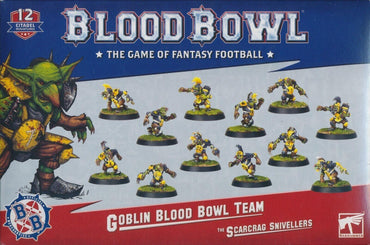 The "BLOOD BOWL: GOBLIN TEAM" box by Games Workshop showcases miniature goblins in yellow and blue armor. The backdrop reads "Blood Bowl: The Game of Fantasy Football," with a green goblin holding a ball and stating "The Scarcrag Snivellers Goblin Team.