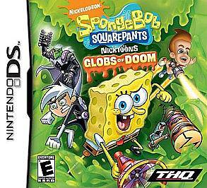 Cover of "Spongebob Squarepants: Globs Of Doom" for Nintendo DS by Everything Games, featuring SpongeBob, Danny Phantom, and Jimmy Neutron in action poses on a green slime background; includes THQ and Nickelodeon logos. Rated E for Everyone.