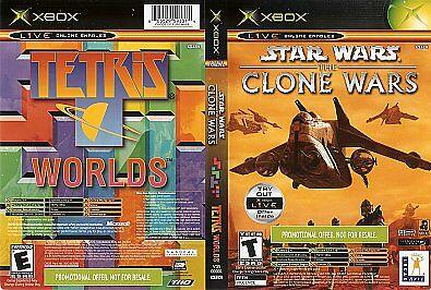 The "Star Wars The Clone Wars/Tetris Worlds" game case by Everything Games features vibrant Tetris blocks on a green left side and a spaceship in a yellow-orange sky with bold Star Wars text on the right, both adorned with eye-catching "Promotional Offer" labels.