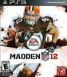 The Madden 12 (PS3) cover features a football player in brown and orange gear, poised in action. This EA Sports game, rated "E" for Everyone, offers dynamic gameplay with its enhanced Collision System.