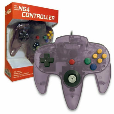 The Old Skool Atomic Purple N64 Controller is shown in front of its box, which highlights features like 9 buttons and a 360-degree analog stick. This comfortable replacement has a joystick, directional pad, and colorful buttons: blue, green, red, and yellow.