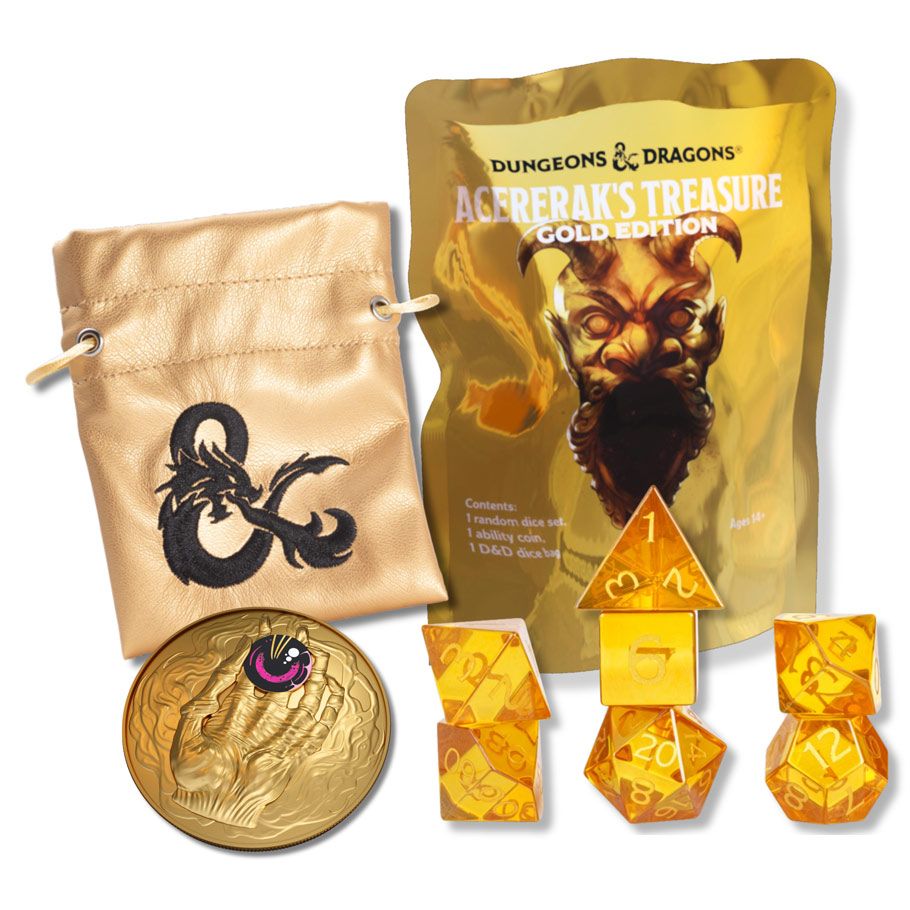 Explore the exclusive Acererak's Treasure: Gold Edition PDQ collection by Sirius Dice, which includes a gold pouch adorned with a black dragon ampersand, a sealed bag featuring Acererak's skull graphic, an intricately etched large gold coin, and a distinct set of four yellow polyhedral dice.