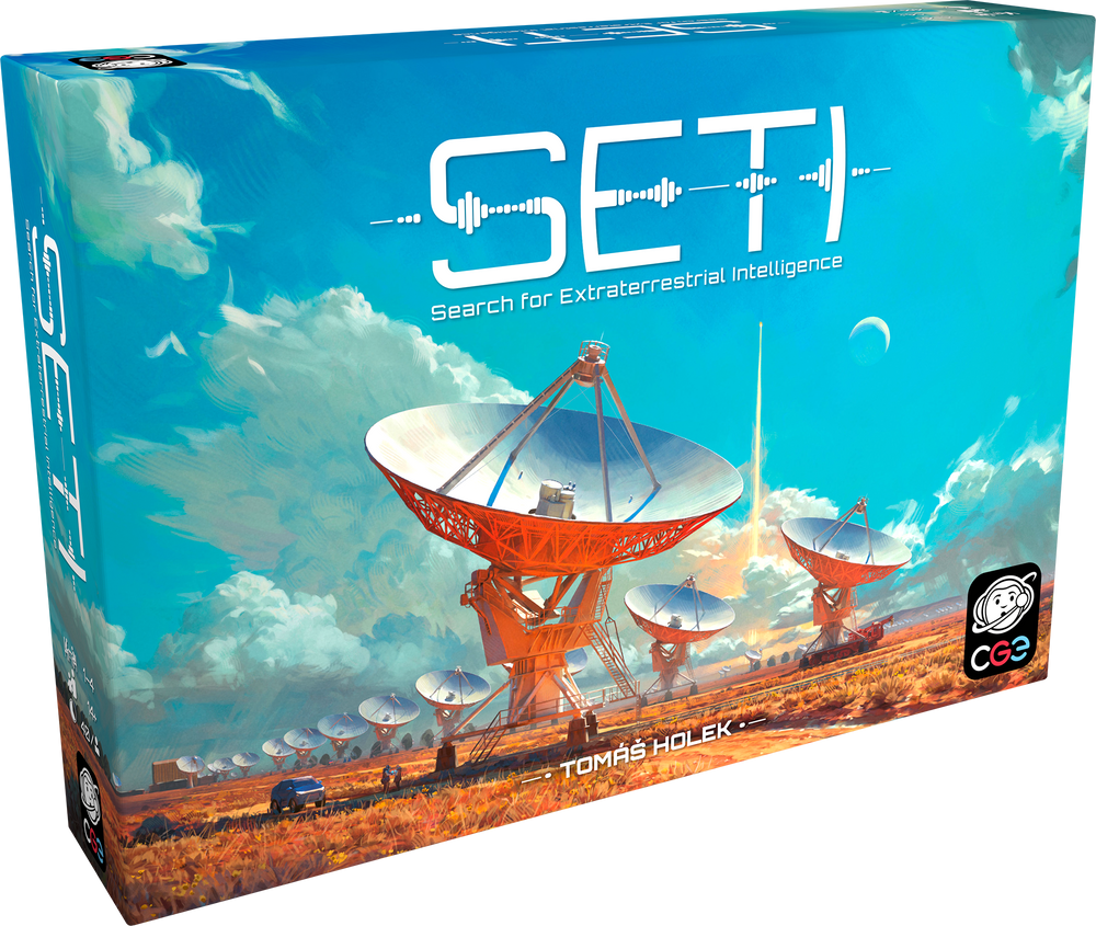 The "SETI: Search for Extraterrestrial Intelligence" board game by Czech Games Edition showcases vibrant artwork of satellite dishes under a blue sky with clouds, highlighting the quest for alien life and space exploration. The CGE logo appears in the bottom right corner.