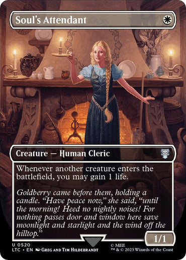 The borderless "Soul's Attendant" card from Magic: The Gathering's "The Lord of the Rings: Tales of Middle-Earth Commander" features a blonde Human Cleric in medieval attire, holding a glowing candle in a dimly lit, rustic room with a fireplace, creating an atmospheric scene.