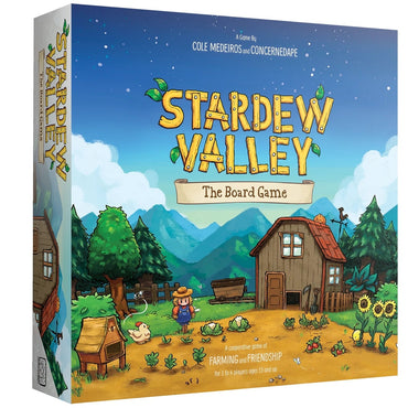 The image shows the "Stardew Valley: The Board Game" box by ConcernedApe. The cover features a cooperative farming scene with a farmer in blue overalls, a barn, crops, cows, and chickens, all set against trees and mountains under a sunny sky.