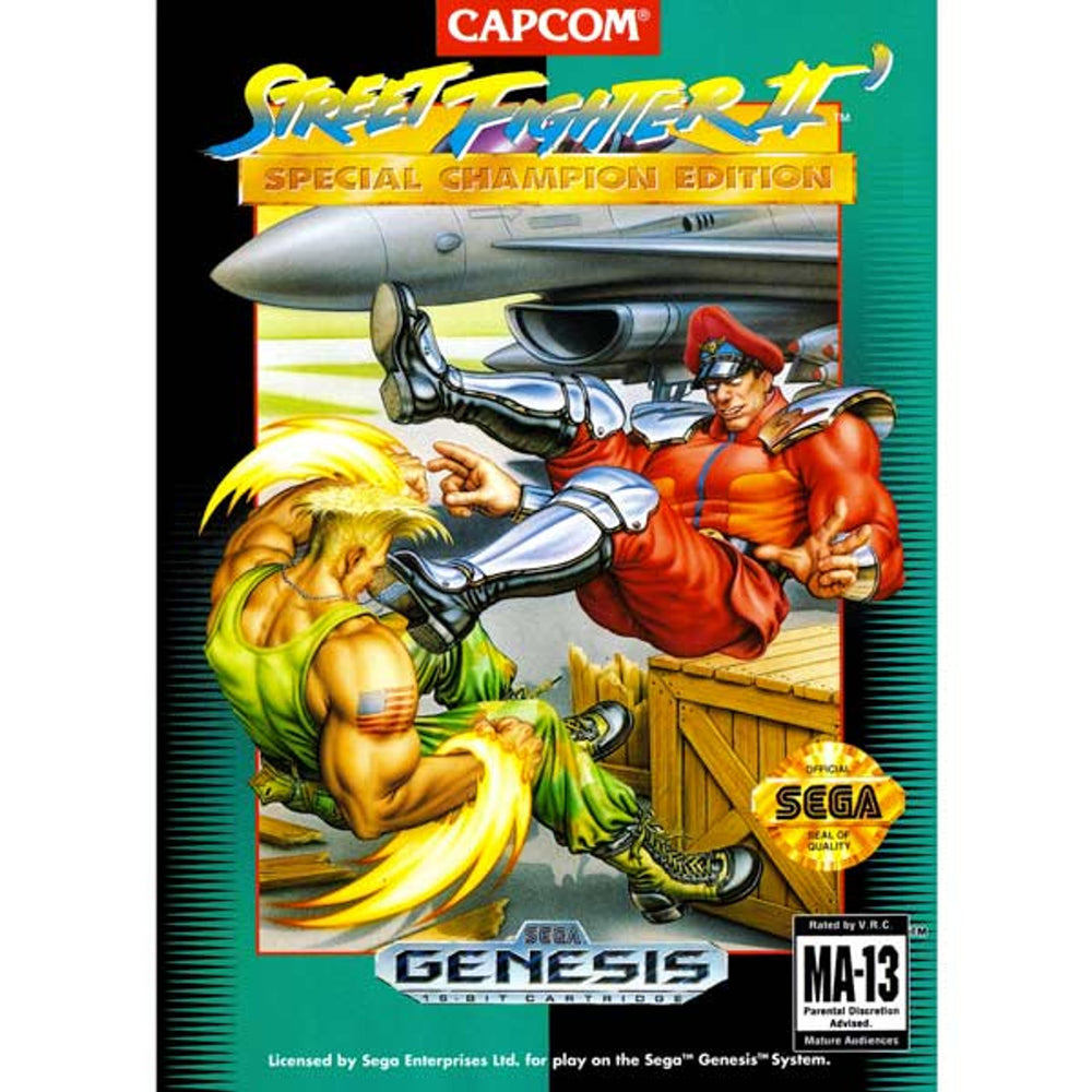 Cover art for "Street Fighter 2" on Sega Genesis features a dynamic scene where a blonde character in green kicks at a red-clad opponent. The Capcom logo is at the top, with the Sega Genesis and "MA-13" rating visible.