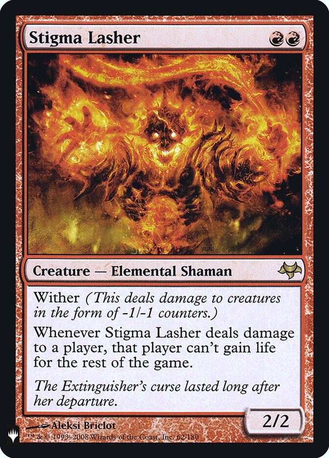 The image displays a Magic: The Gathering card from "The List" called "Stigma Lasher," featuring a fiery Elemental Shaman with blazing eyes. The red-bordered card highlights its ability Wither and blocks life gain, reflecting the intense power of its element.