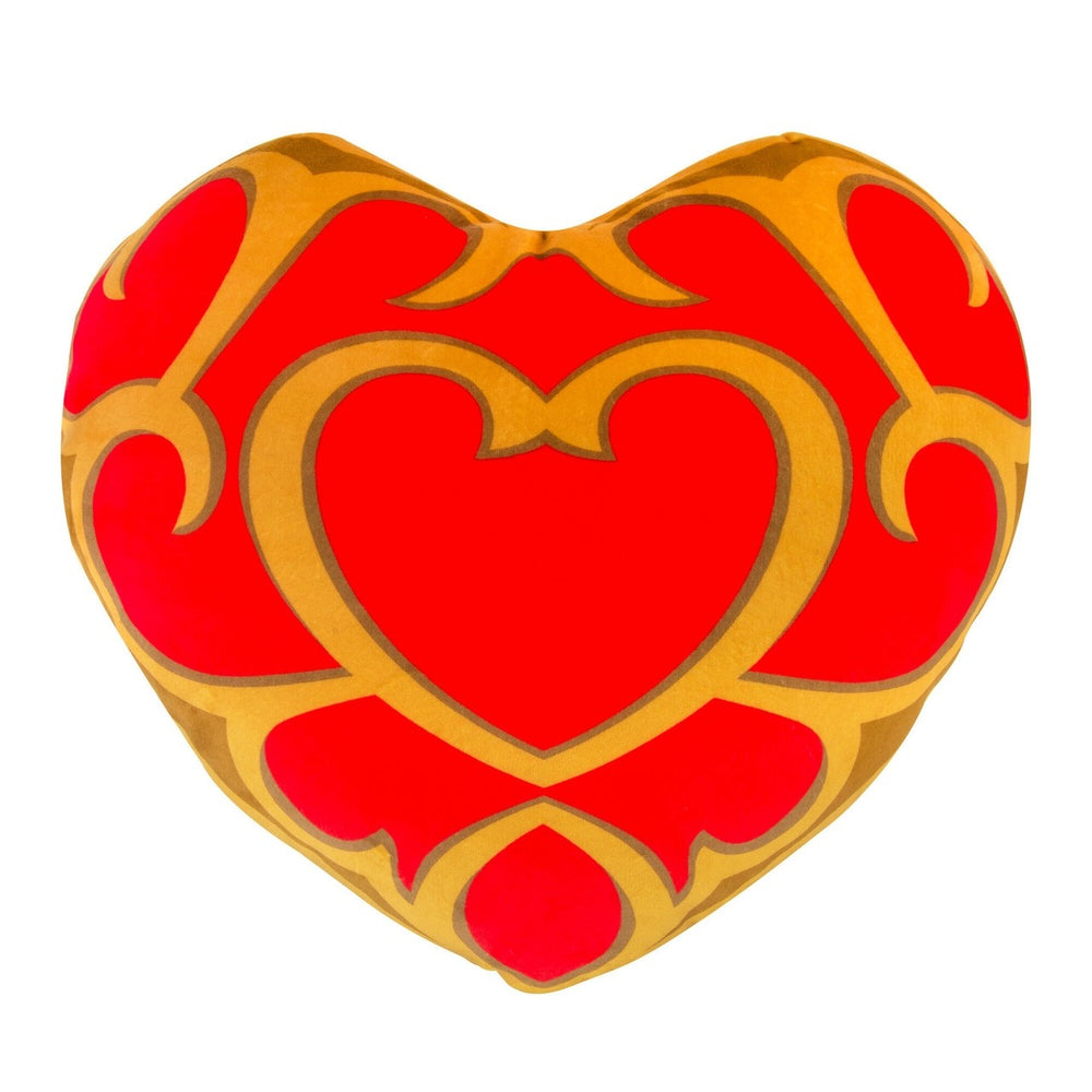 The Tomi "Heart Container" Mega Mocchi plush, inspired by The Legend of Zelda, is 15 inches and features an elegant, ornamental heart design with gold swirls and a central motif on smooth, vibrant fabric.