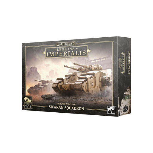 The image shows the box for the LEGIONS IMPERIALIS: SICARAN SQUADRON model kit from Games Workshop. The cover art features detailed depictions of futuristic Sicaran tanks in a battle scene. The packaging has a black and gold color scheme, with the product name prominently displayed alongside various weapon variants used by Legiones Astartes.